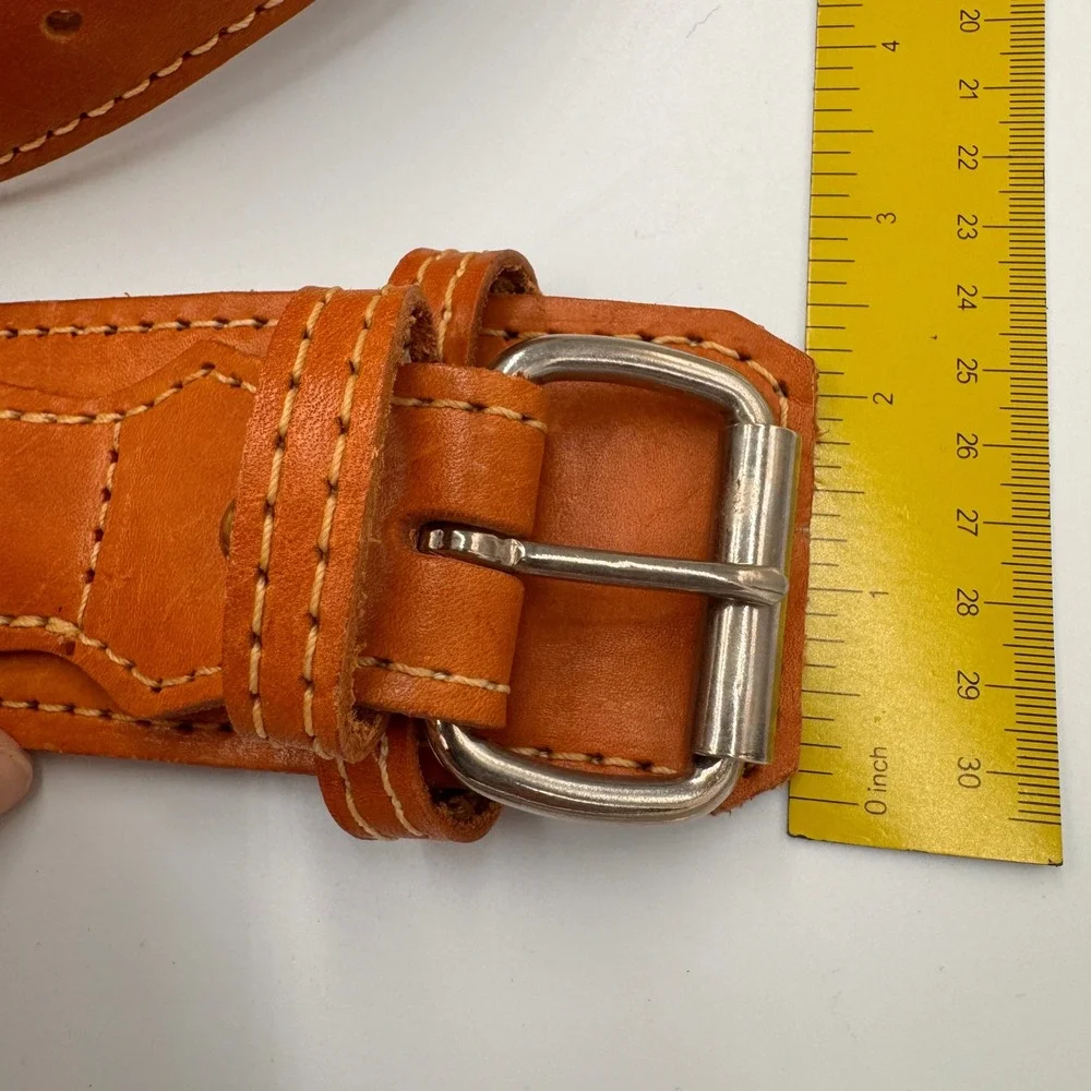 Lifting Workout Rugged Tan Leather Belt Wide Silver Roller Buckle 48 Fitness